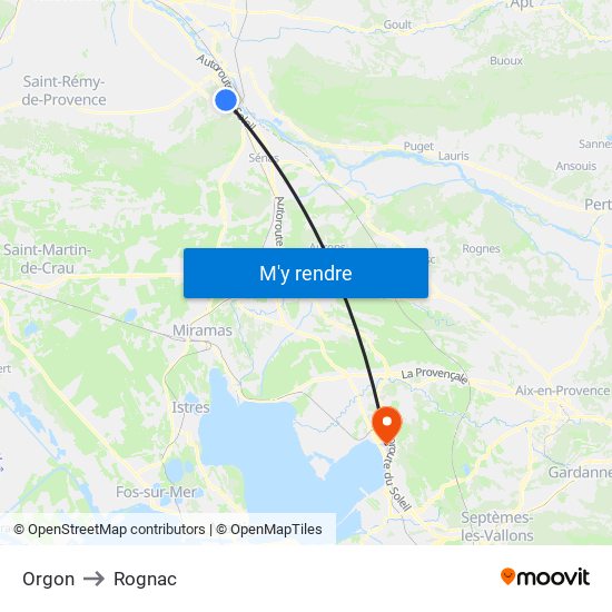 Orgon to Rognac map