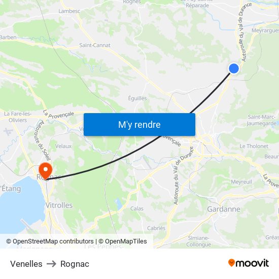 Venelles to Rognac map