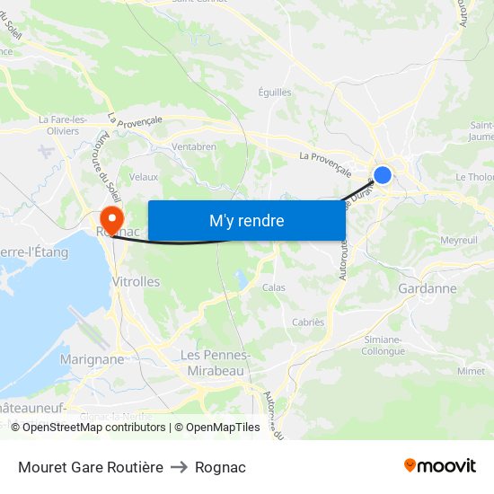 Mouret Gare Routière to Rognac map