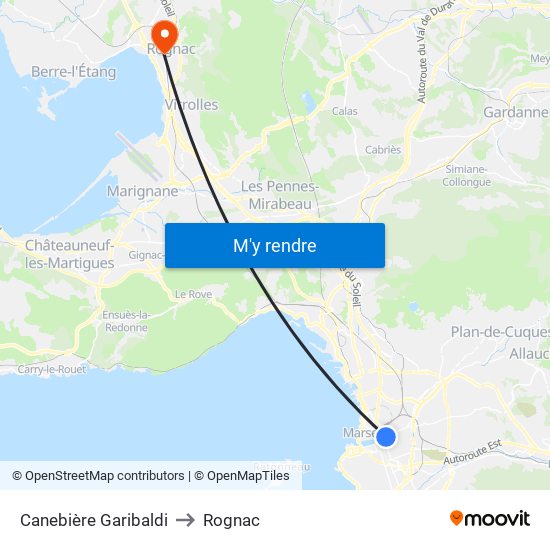 Canebière Garibaldi to Rognac map
