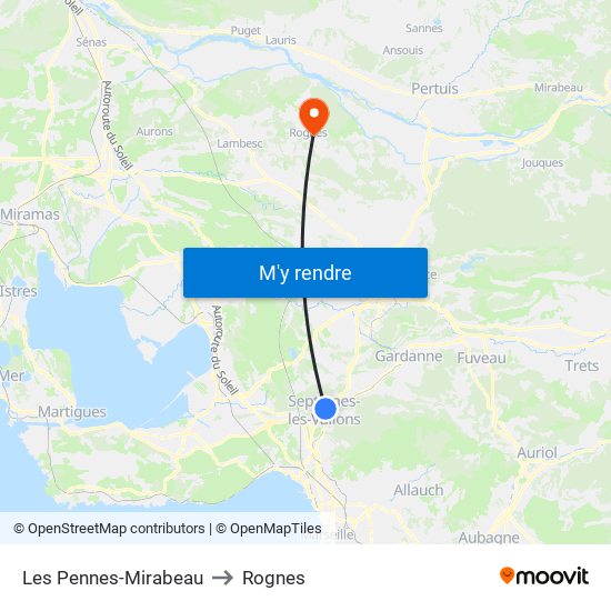 Les Pennes-Mirabeau to Rognes map