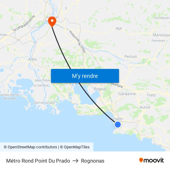 Métro Rond Point Du Prado to Rognonas map