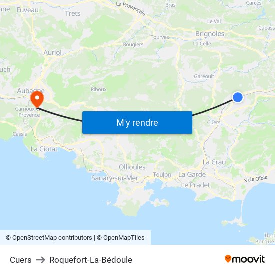 Cuers to Roquefort-La-Bédoule map