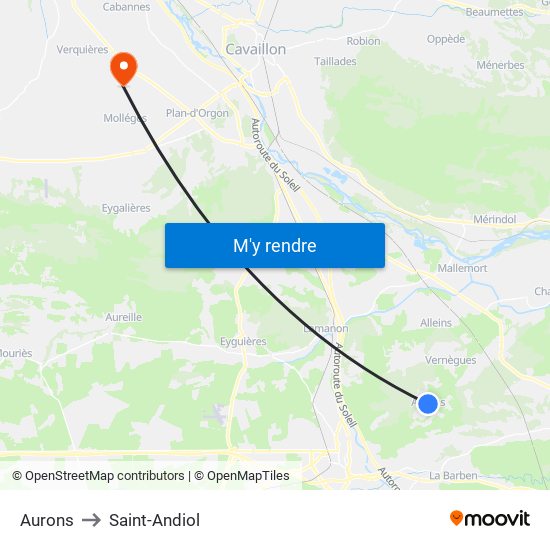 Aurons to Saint-Andiol map