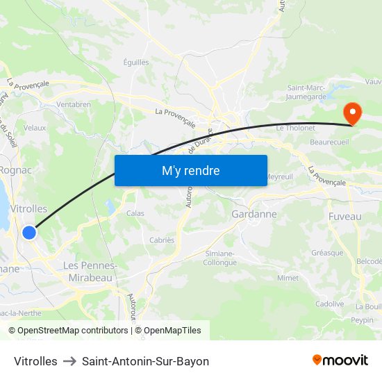 Vitrolles to Saint-Antonin-Sur-Bayon map