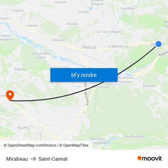 Mirabeau to Saint-Cannat map