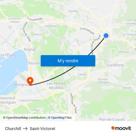 Churchill to Saint-Victoret map