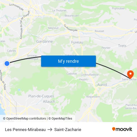 Les Pennes-Mirabeau to Saint-Zacharie map