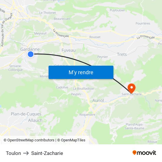 Toulon to Saint-Zacharie map