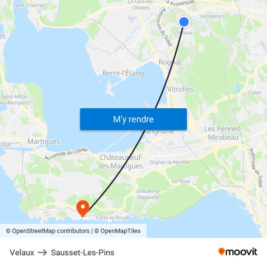 Velaux to Sausset-Les-Pins map