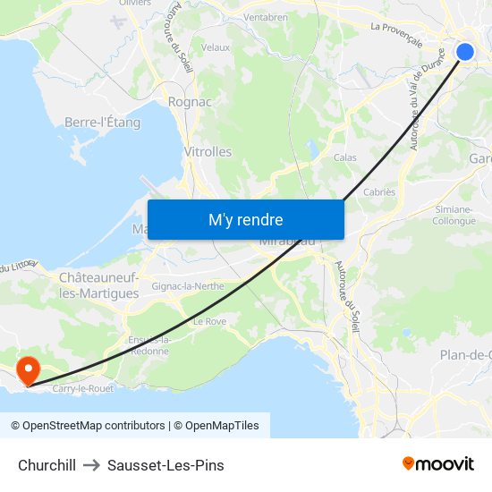 Churchill to Sausset-Les-Pins map