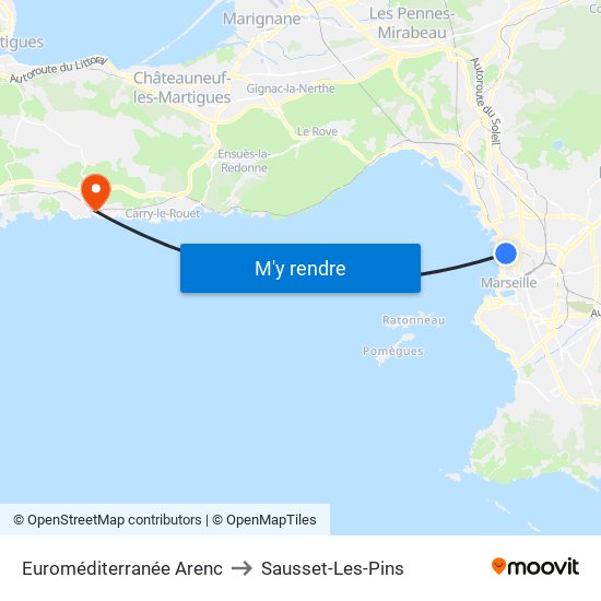 Euroméditerranée Arenc to Sausset-Les-Pins map