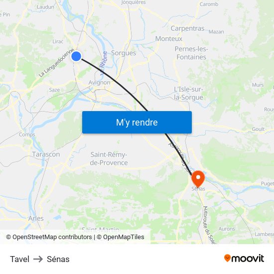 Tavel to Sénas map