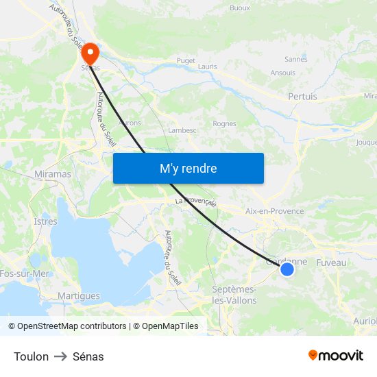 Toulon to Sénas map