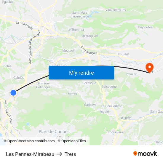 Les Pennes-Mirabeau to Trets map