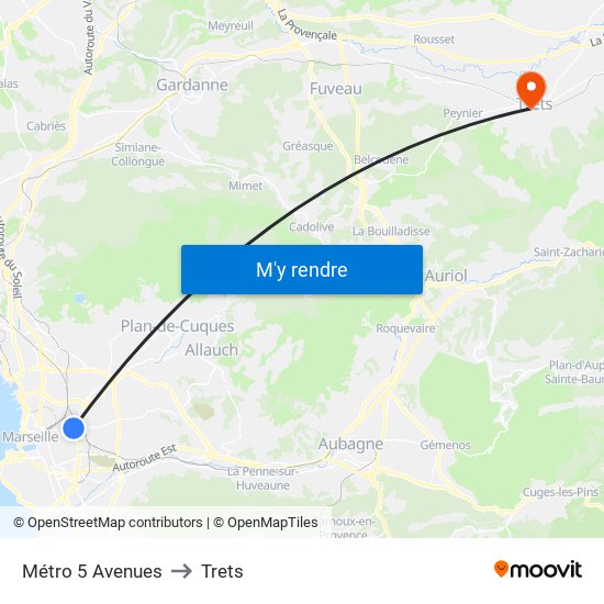 Métro 5 Avenues to Trets map