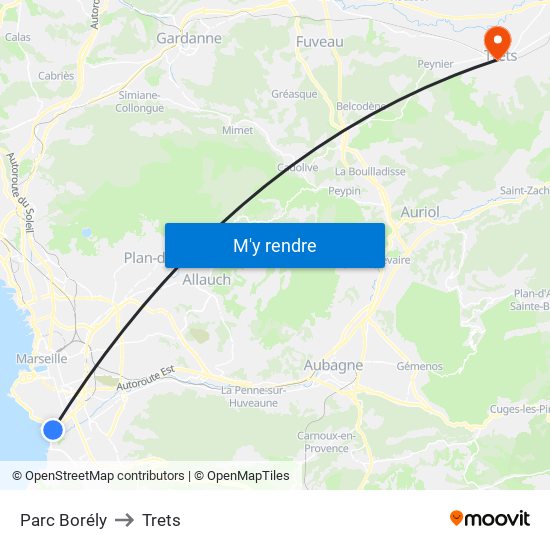 Parc Borély to Trets map