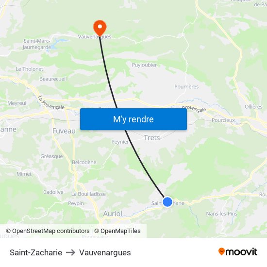 Saint-Zacharie to Vauvenargues map