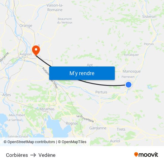 Corbières to Vedène map