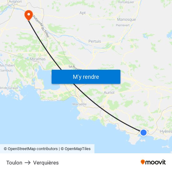 Toulon to Verquières map