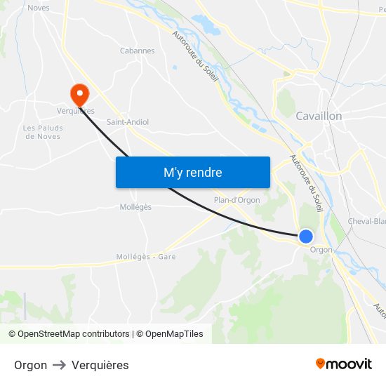 Orgon to Verquières map