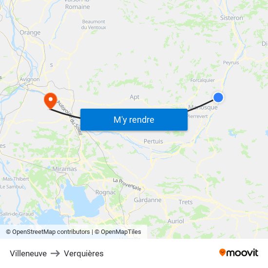 Villeneuve to Verquières map