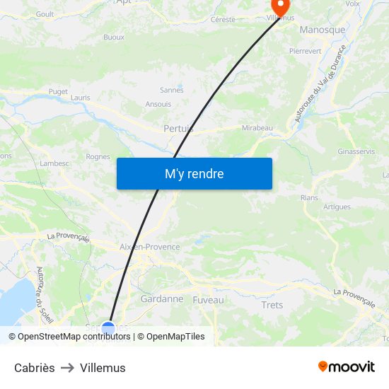 Cabriès to Villemus map