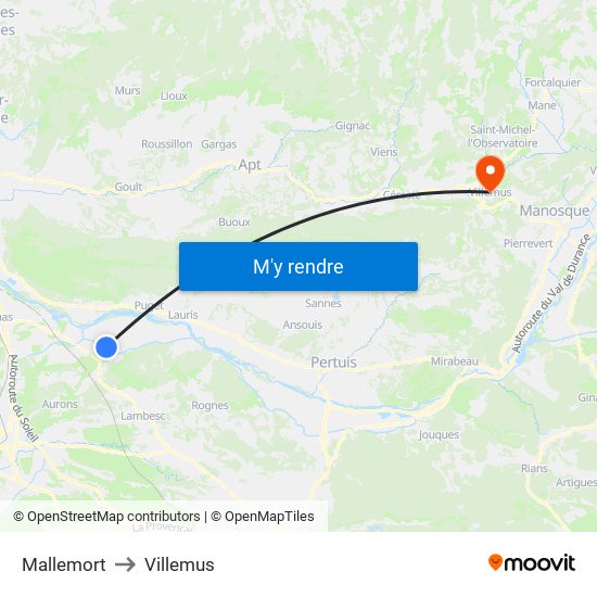 Mallemort to Villemus map