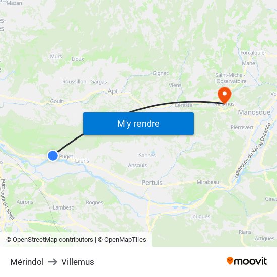 Mérindol to Villemus map