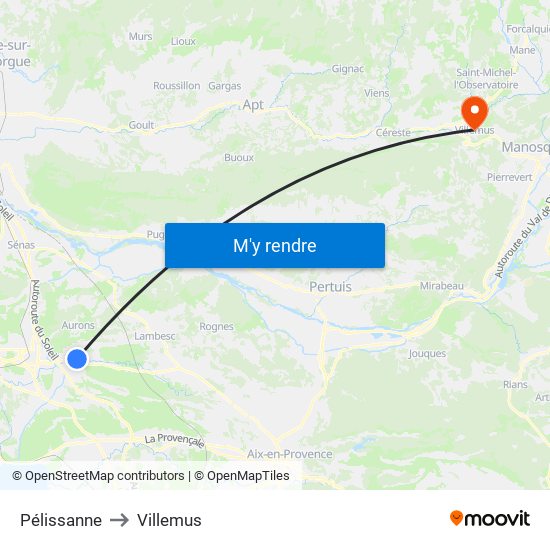 Pélissanne to Villemus map