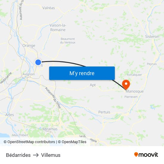 Bédarrides to Villemus map