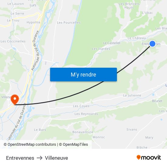 Entrevennes to Villeneuve map