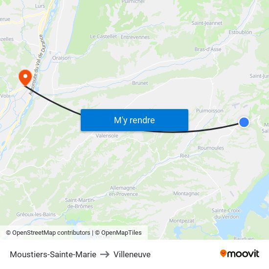 Moustiers-Sainte-Marie to Villeneuve map