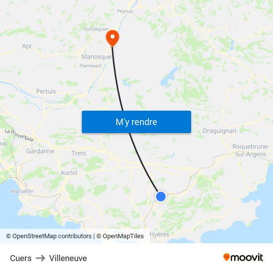 Cuers to Villeneuve map