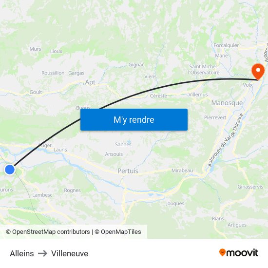 Alleins to Villeneuve map