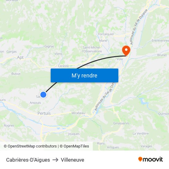 Cabrières-D'Aigues to Villeneuve map