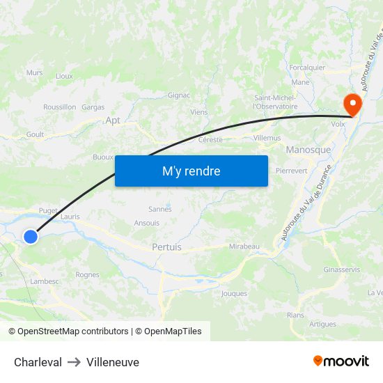 Charleval to Villeneuve map