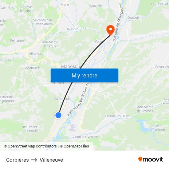 Corbières to Villeneuve map