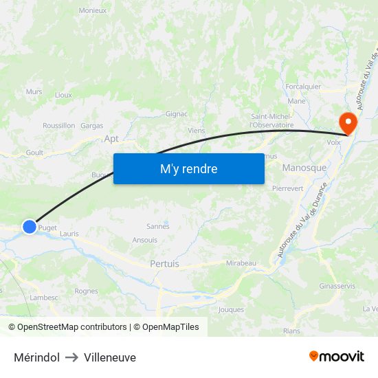 Mérindol to Villeneuve map