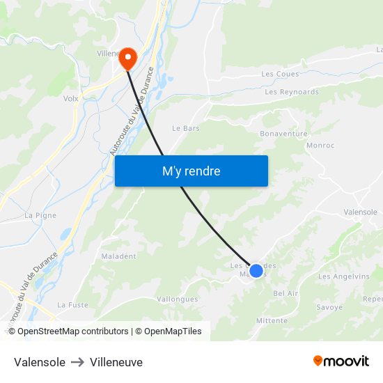 Valensole to Villeneuve map