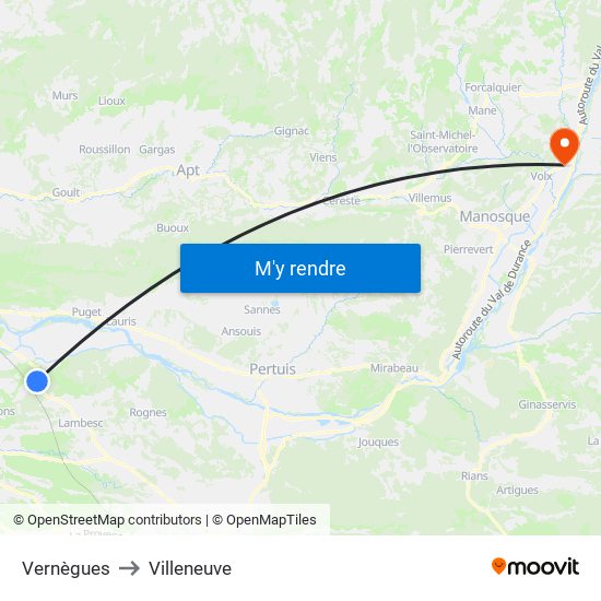 Vernègues to Villeneuve map
