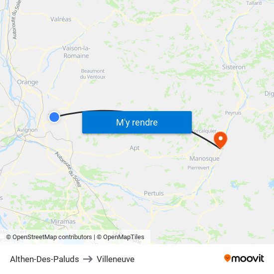 Althen-Des-Paluds to Villeneuve map