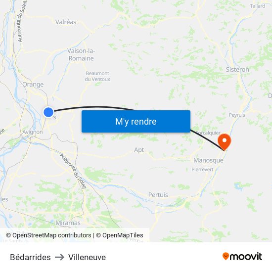 Bédarrides to Villeneuve map