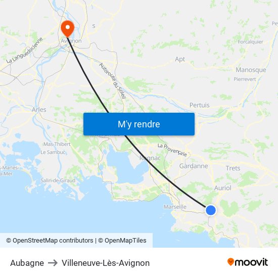 Aubagne to Villeneuve-Lès-Avignon map