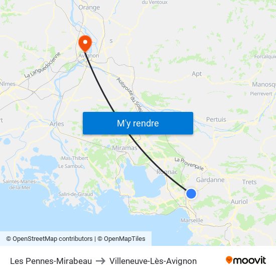 Les Pennes-Mirabeau to Villeneuve-Lès-Avignon map