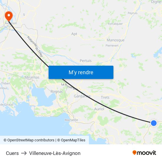 Cuers to Villeneuve-Lès-Avignon map