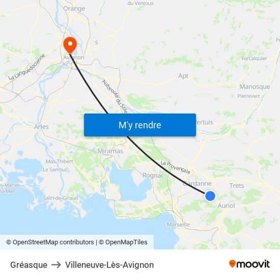 Gréasque to Villeneuve-Lès-Avignon map