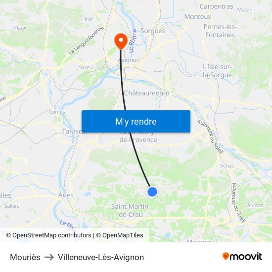 Mouriès to Villeneuve-Lès-Avignon map