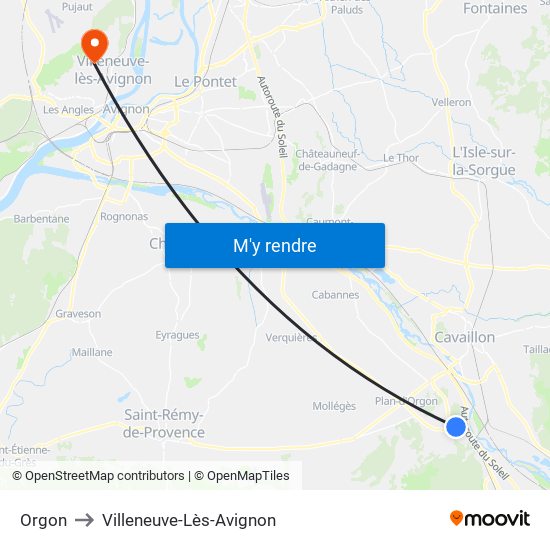 Orgon to Villeneuve-Lès-Avignon map