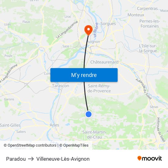 Paradou to Villeneuve-Lès-Avignon map